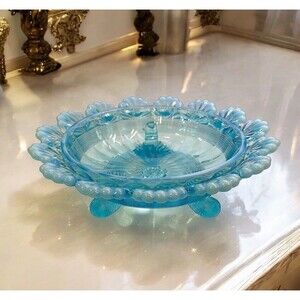 Antique Northwood Blue Opalescent Berry Bowl w/Fluted Scrolls Klondyke Pattern